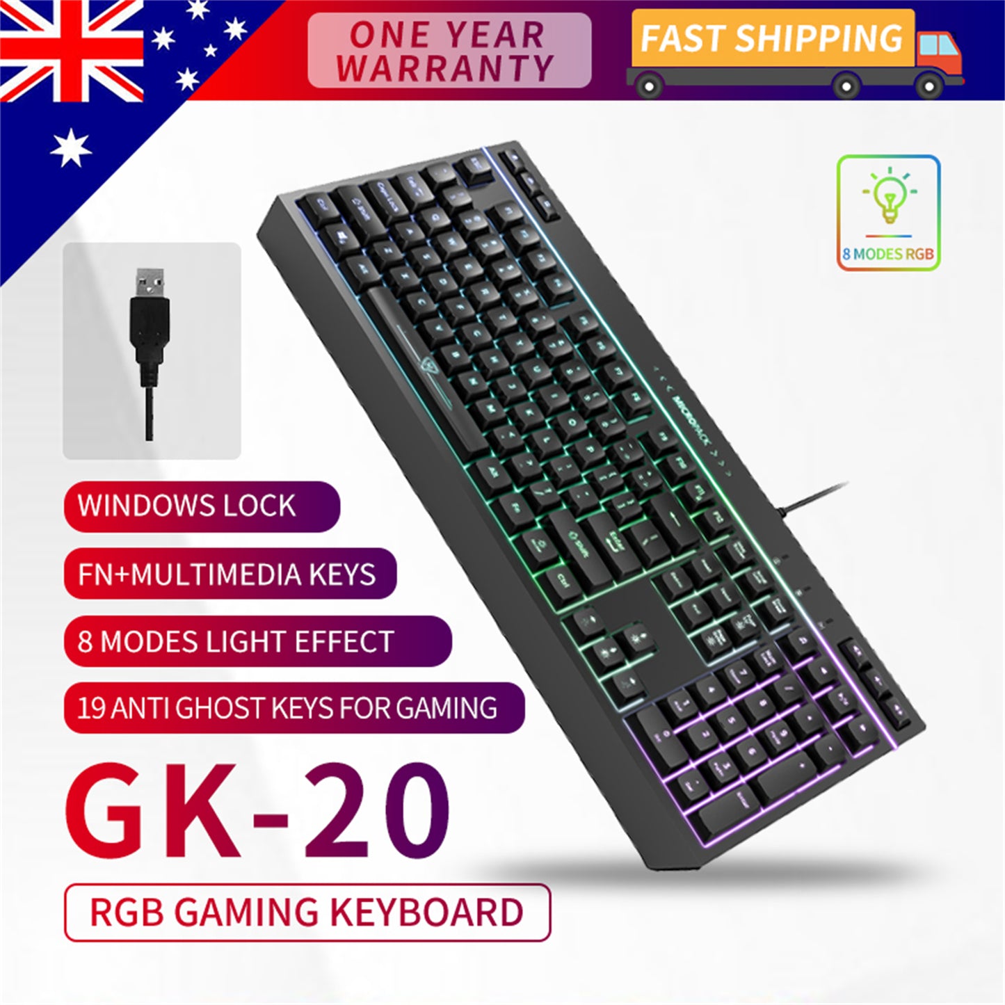 RGB Gaming Keyboard 8 Mode Light Effect 19 Game Anti Ghosting Keys 6 Function AU