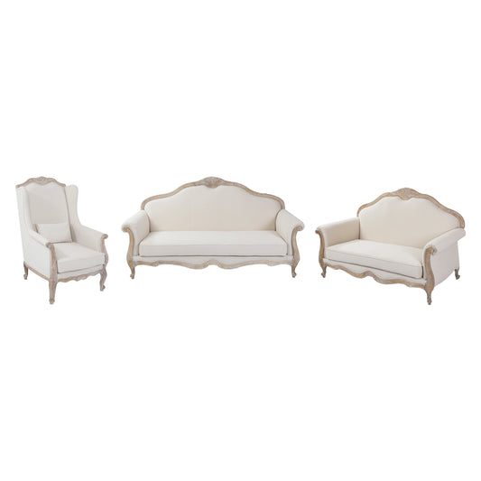 3SWing Chair Linen Fabric Oak Wood White Washed Finish Rolled Armrest +2S+1X Wing Chair Oak Wood White Washed Finish Rolled Armrest Linen Sofa Fabric